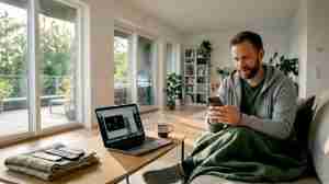 Hva betyr 5G-dekning i Norge for deg? En mann sitter hjemme og ser på video på mobilen via 5G-nettet.